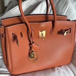 Luxury Orange Pebbled genuine Leather Satchel with Gold Hardware 30cm